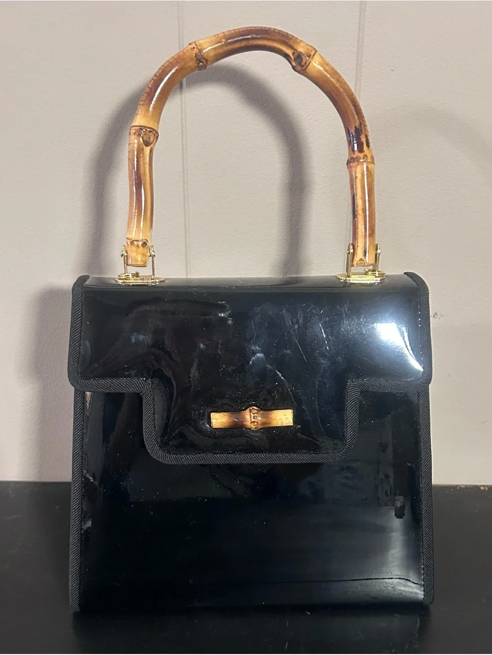 Black Patent Top-Handle Bag with Bamboo Accent